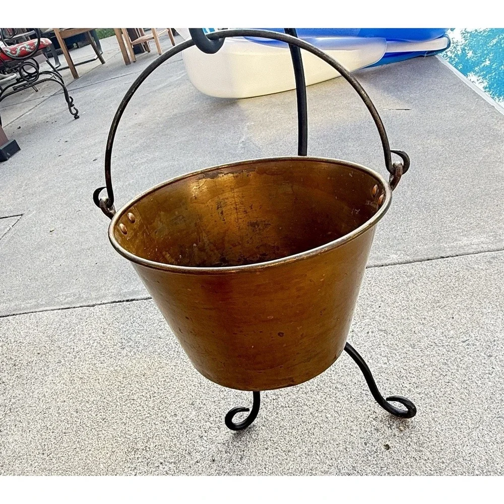 Antique Spun Brass Kettle No4 Wrought Iron Handle Primitive Early American 1800s